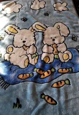 VIntage Fleece Baby Blanket Luxe Thick Fuzzy Throw Bunny Rabbits Blue 56x38 EUC☆ - Image 1 of 4
