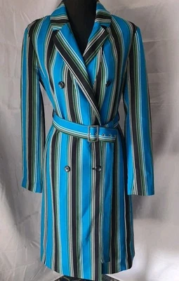 Gabardina a rayas I.N.C para mujer talla pequeña negra azul con cinturón botones laterales Foto 1 de 4