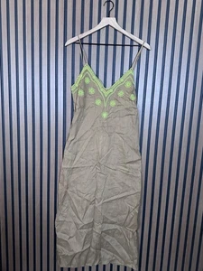 New Zara Dress Small Brown Embroidered Lime Woven 100% Linen Maxi Sleeveless - Picture 1 of 7