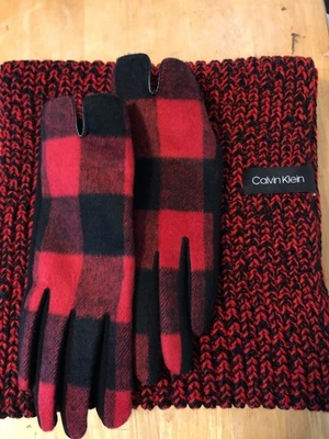Calvin Klein Red/Blk Infinity Scarf with matching colored Casual Gloves - Image 1 of 4