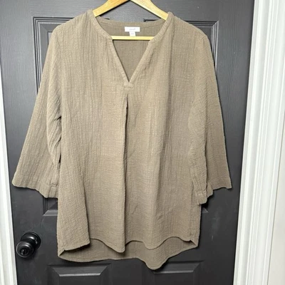 Pure J Jill Shirt Womens Large Green Crepe Vneck Pullover Tunic 3/4 Sleeve - Image 1 of 4