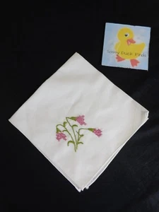 Womens Hanky Handkerchief Hand Embroidered Pink Floral 14" x 14" Square White - Picture 1 of 3