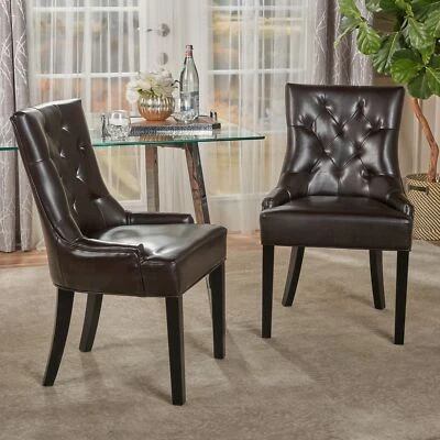 GDFSTUDIO Elegant Design Brown Leather Dining Chairs w/ Tufted Accents