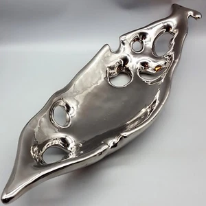 Abstrakt poliertes Aluminium Silber Chrom Spiegeltes Tablett Schüssel Kunst Fischblatt 22 Zoll - Bild 1 von 12