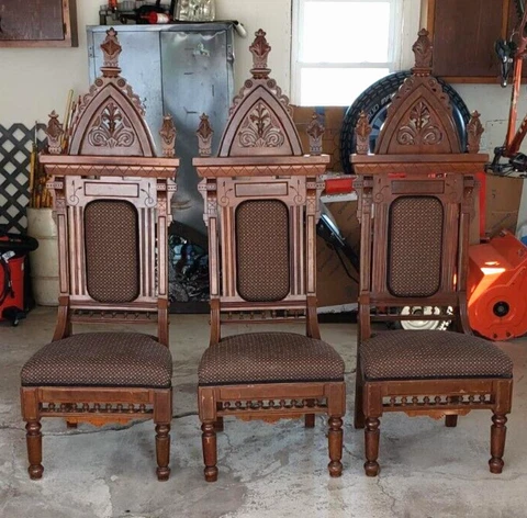Antique Victorian Gothic Set of 3 Eastlake Church Deacon Chairs Thrones 67Hx22W Cover