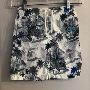 LACOSTE Boy’s White Palm Tree Ocean Wave Print Drawstring Swim Trunks Size 6 - Picture 1 of 4