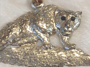 Silver Plated Leopard Pendant Large 3" x 1 3/4" Emerald Green Rhinestone Eyes - Picture 1 of 6