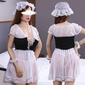 Sexy French Maid Outfit See Through Wench Costume Lady Waitress Fancy Dress - Picture 1 of 13