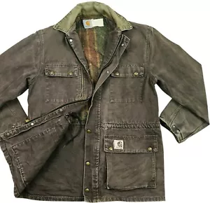 HOT VTG Men USA CARHARTT PARKA WORKWEAR BLANKET LINED TARO BROWN CANVAS Jacket M - Picture 1 of 15