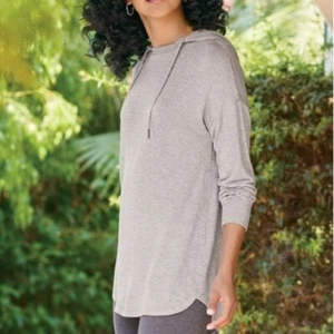 Soft Surroundings Shirt Womens Gray Striped Hooded Pullover Tunic Size Large - Bild 1 von 9