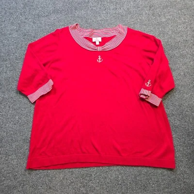 Quacker Factory Sweater Women Size 3X Red Striped Anchor Embroidery Nautical - Image 1 of 4