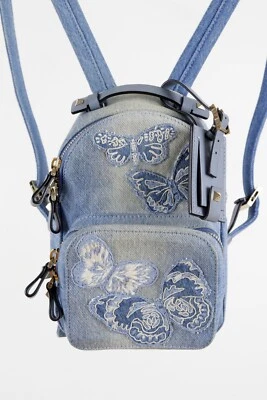Women's Valentino Garavani Butterfly Blue Denim Studded Features Mini Backpack - Image 1 of 4