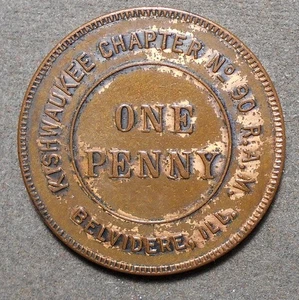 C924 Belvidere, Ill., Kishwaukee Chapter No. 90 R.A.M., One Penny. Copper, 30mm, - Picture 1 of 2