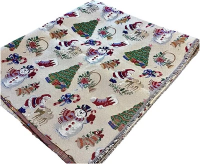 Vintage Christmas Santa Snowman Tapestry Fabric 54” W x 60” L Heavy Upholstery - Image 1 of 4