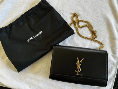 Yves Saint Laurent YSL Small Kate Black Gold Chain Embossed Leather Logo Clutch - Image 1 of 4