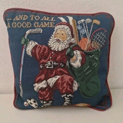 Винтажный рождественский гобелен подушка 12 x 12 Санта Sports хорошая игра - Изображение 1 из 4