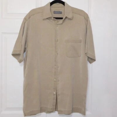 MENS TAN SILK SHIRT SHORT SLEEVE WASHABLE TALBOTS VINTAGE MICRO DIAMOND PATTER M - Image 1 of 4