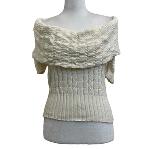 Moda International Cream Large Foldover Neck Off Shoulder S/S Knit Sweater sz S - Picture 1 of 11