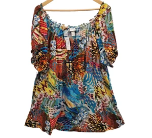 NEW Venezia Ruffle Neck Short Sleeve Peasant Top Size 26/28 Artsy Colorful Tunic - Picture 1 of 9