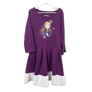 Disney Frozen II 2 Anna Purple Faux Fur Winter Long Sleeve Dress Size L 10/12