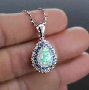 Lab Created Opal Cubic Zirconia Necklace Tear Drop Silver Plated Chain - Picture 1 of 2