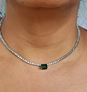 Labor Erstellt Smaragd & Diamant Tennis Halsband 14K Weiß Vergoldet - Bild 1 von 11