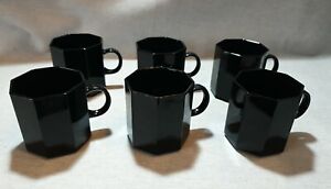 Vintage Arcoroc Octime Black Glass Set Of 6 Octagonal Coffee Mugs