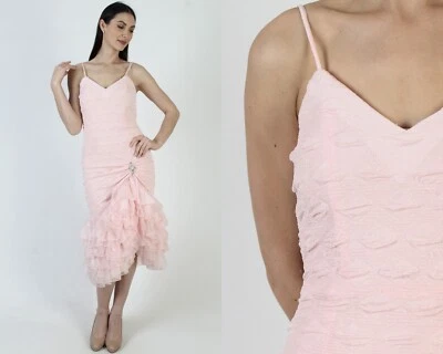 Vestido De Colección Años 80 Asimétrico Baile de graduación Rosa Alto Bajo Volantes Falda Correa de Espagueti Vestido Foto 1 de 4