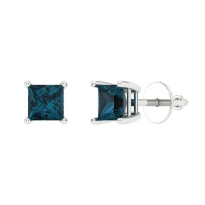 1.5 ct Princess Cut Studs Topaz Gemstone White Gold Designer Earrings Push back - Image 1 of 4