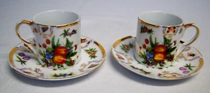 Yorkshire, Godinger Demitasse Cup & Saucer 2 Sets Fruit Insects Brished Gold Vtg - Picture 1 of 7