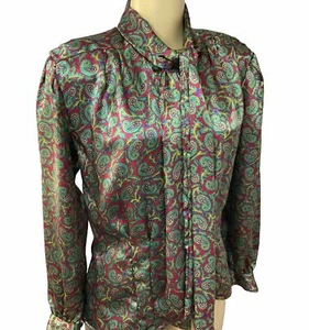 Vintage Oscar De La Renta Top 80s Silky Paisley Elbow Pads Tie Neck Women Sz 8 - Picture 1 of 8