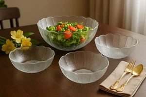 Arcoroc France 1980s Fleur Clear Glass Set Of 4 Serving Salad Fruit Bowls - Picture 1 of 21