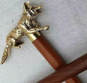 Walking Stick With Brass Wolf Head Handle Wooden Cane Vintage Antique Gift Men's - Picture 1 of 4