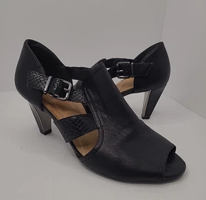 Nurture Heels Shoes Size 9.5 Black Pamina Leather 3" Peep Toe Buckle Strap - Picture 1 of 10