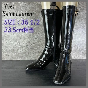 YSL Yves Saint Laurent Black Patent Strap Zip Boots Women's Size 36.5 US6.5 - Picture 1 of 24