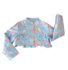 Blueberi Boulevard Floral Satin Jacket Girl Sz 6 Big Rhinestone Buttons Long Slv - Picture 1 of 8