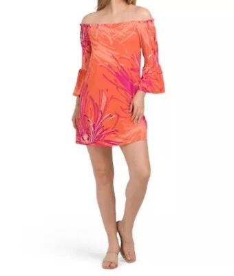 Mini Vestido Trina Trina Turk Fuera del Hombro Floral Manga Campana Talla Grande Foto 1 de 4