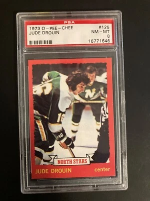 1973-74 O-PEE-CHEE HOCKEY #125 JUDE ´TEX’DROUIN, NORTH  STARS LIGHT, PSA 8 NM-M - Image 1 of 4