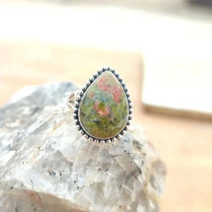 Boho Unakite Anello Pera Cabochon Pietra 925 Argento Sterling Scorpione Gioielli - Foto 1 di 13
