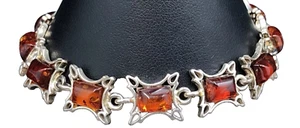 Vintage Estate 925 Sterling Silver Cognac Amber Fancy Chain Link Bracelet Unique - Picture 1 of 5