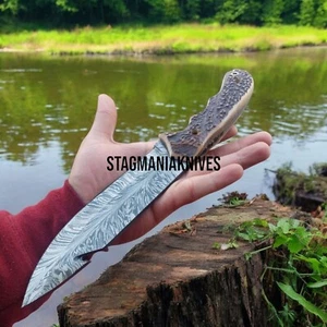 Premium Hand Forged Feather Damascus Steel Full Tang Hunting Gut Hook Knife - Picture 1 of 1
