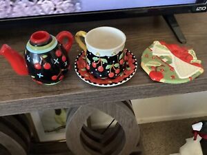 Mary Engelbreit Lot 4 Pcs, Teapot Candle Holder, Cup Saucer, Cherry Plate