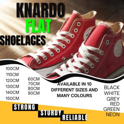 KNARDO FLAT SHOE LACES TRAINERS 8mm BLACK LACES WHITE SHOE LACES  ADULTS,KIDS - Image 1 of 4
