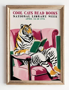 Póster de lectura de gatos geniales - Impresión de arte de pared de la semana de la biblioteca 1996 - Decoración de libros retro - Imagen 1 de 5