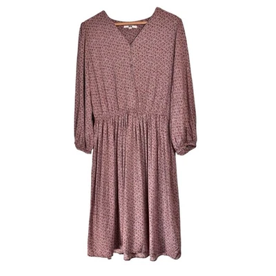 Uniqlo Floral Print 3/4 Sleeve Flare Dress Size Medium Mauve V-Neck Prairie - Image 1 of 4