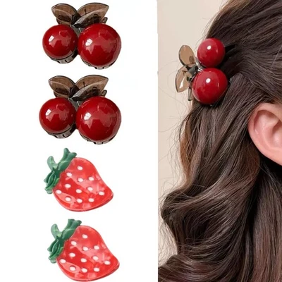 Pinzas de pelo pequeñas de cereza 4 piezas accesorio con forma de fresa de cereza roja Foto 1 de 4