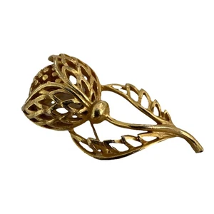 Vintage Lisner Brooch Coat Scarf Hat Pin Flower Gold Tone Signed 2” MCM Thistle - Picture 1 of 8