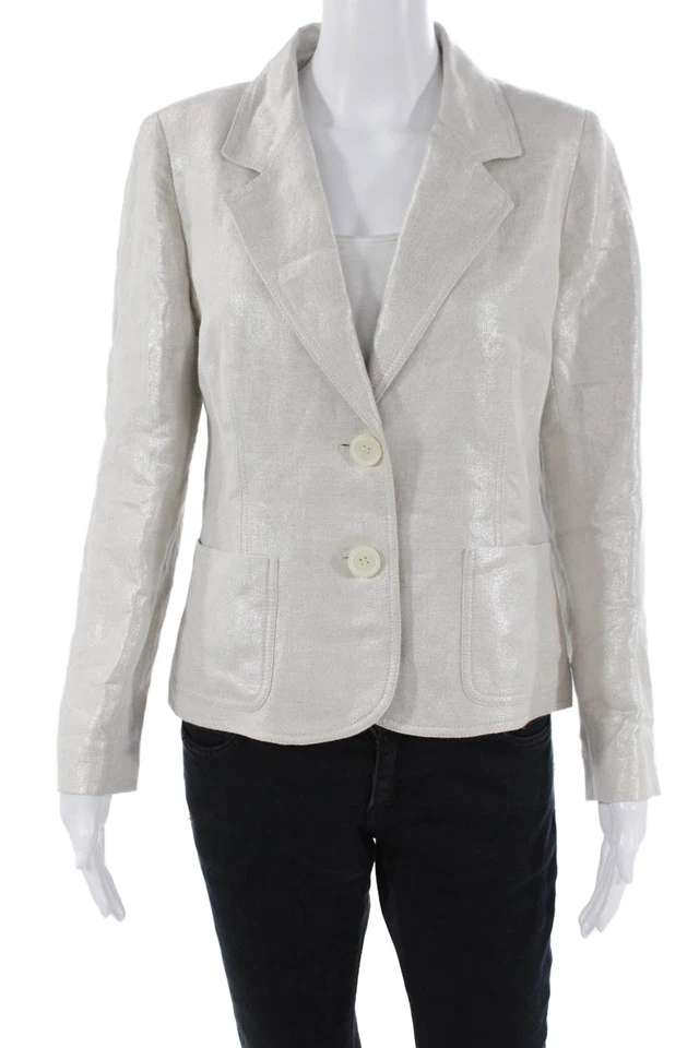 Michael Michael Kors Womens Two Button Metallic Linen Blazer Jacket Beige 10 - Image 1 of 4