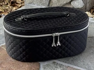 Lancôme Black Quilted Oval Makeup Bag/ Case Zip Around EUC - Picture 1 of 11