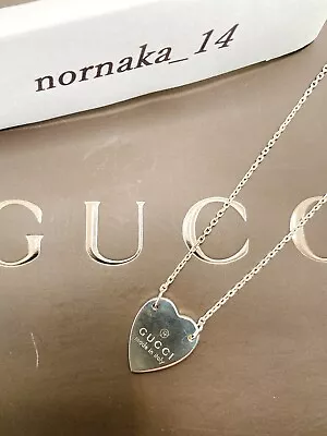 Near MINT GUCCI Sterling Silver Heart Logo Plate Tag Pendant Necklace No Box - Image 1 of 4